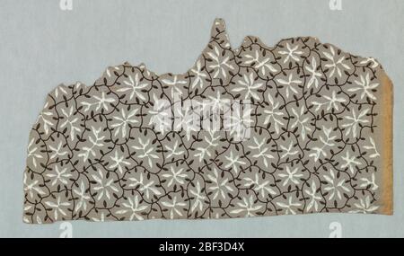 Seitenwand. Kleine Blattformen, die in unregelmäßig geformten Kompartimenten eingeschlossen sind, die von weinähnlichen Streamern gebildet werden. Gedruckt in weiß und schwarz auf grauem Grund. Stockfoto