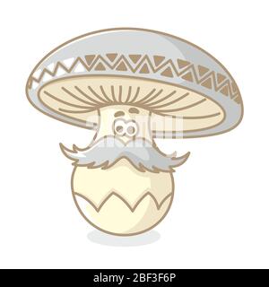 Cartoon Pilz Champignon mit großem Schnurrbart auf weißem Hintergrund. Isoliertes Objekt Stock Vektor