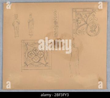 Skizzen von Dekorativen Platten oder Grillarbeiten. Zierplatten oder Gitter oben in der Mitte, oben rechts und Mitte links. Oberer Mittelteil der Platte oder Gitter, oben rechts, Ecke oder Platte oder Gitter, mit Akanthus-Blättern. Mitte links, Quadrat der Platte oder Gitter. Stockfoto