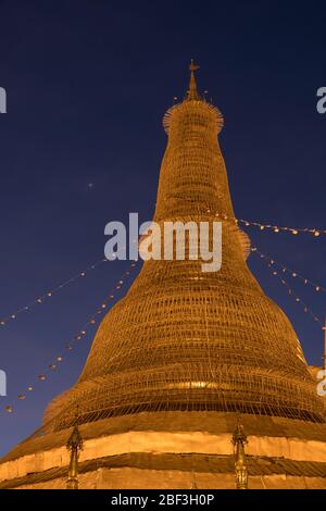 Morgendämmerung am Hauptschrein der Shwedagon Pagode mit Gerüsten für Malerei in Yangon, Myanmar bedeckt Stockfoto