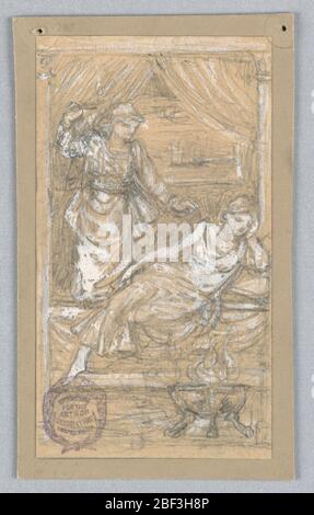 Klassische Szene. Stehende Figur mit Lampe, links, am Bett einer schlafenden Frau, rechts. Räuchergefäß vor ihr. Schiff im Hintergrund, eingerahmt von Vorhängen im Fenster. Stockfoto