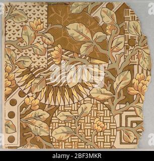 Seitenwand-Probe. Fragmentarische Tapeten aus dem Musterbuch, inklusive ästhetischer und anglo-japanischer Motive.72 Seiten mit Mustern. Stockfoto