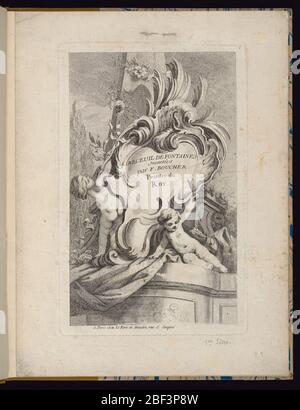 Platte 1 Receuil de Fontaines Sammlung von Brunnen. Folio 1, Platte 1 einer Serie von 7. Design für einen Brunnen. Rokoko Kartusche auf einem Denkmal mit zwei umgebenden Putten auferlegt. Stockfoto