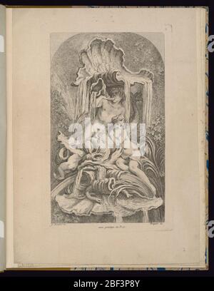 Platte 2 Receuil de Fontaines Sammlung von Brunnen. Folio 2, Platte 2 einer Serie von 7. Design für einen Brunnen. Rokoko-Marine-Design mit Figuren einer triton, Nymphe, Putti und Schlange mit einer großen Schale oben und unten, die zum Fang von Wasser dienen dargestellt. Grotte Gartenlandschaft im Hintergrund angezeigt. Stockfoto