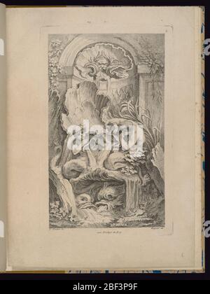 Platte 6 Receuil de Fontaines Sammlung von Brunnen. Folio 6, Platte 6 einer Serie von 7. Design für einen Brunnen. Rokoko-Brunnen-Design mit zwei Tritonen zwischen einer Reihe von großen Muscheln mit Wasser fließt. Jede Figur bläst in ein Muschelhorn, aus dem ein Wasserstrom fließt. Stockfoto