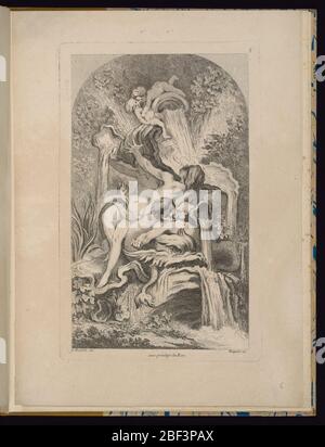 Platte 5 Receuil de Fontaines Sammlung von Brunnen. Folio 5, Platte 5 einer Serie von 7. Design für einen Brunnen. Rokoko-Brunnen mit zwei Tritonen und einer Nymphe, die sich auf einem grotesken Gesicht eines Meeresmonsters zurücklehnen. Die Figuren stützen eine Schale, auf der zwei liegende Putten stehen. Stockfoto