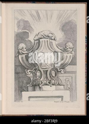 Platte 2 Livre de Vasen Buch der Vasen. Folio 2, Platte 2 einer Serie von 12 Stück. Design für eine Vase, die in Metall mit geschwungenen geriffelten Formen ausgeführt werden soll, auf einem Sockel platziert. Opferlamm (pascal Lamm) oben, Kopf und Flügel von Putto an beiden Seiten. Stockfoto