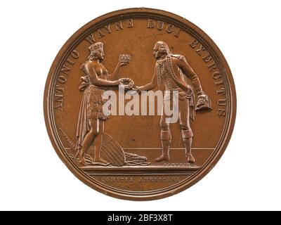 Anthony Wayne in Stony Point France 1779 Paris Mint. Eine (1) Anthony Wayne bei Stony Point Medaille (Comitia Americana)United States (France) 1779Verderbtes Bild: Amerika, dargestellt als indische Frau, bietet Wayne einen Lorbeerkranz und eine Krone an, der den Kranz demütig empfängt, während er sich beugt, mit einem dreieckigen Hut; dem amerikanischen Shiel Stockfoto