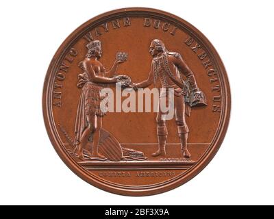 Anthony Wayne in Stony Point Vereinigte Staaten 1880 US Mint Kopie stirbt. Eine (1) Anthony Wayne bei Stony Point Medaille, (Comitia Americana)United States (France) 1880Verderbtes Bild: Amerika, vertreten als indische Frau, bietet Wayne einen Lorbeerkranz und eine Krone an, der den Kranz demütig empfängt, während er sich beugt, mit einem dreieckigen Hut; der amerikanische Shie Stockfoto