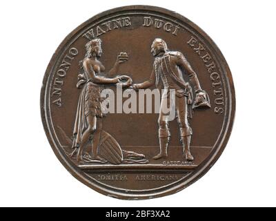 Anthony Wayne in Stone Point Vereinigte Staaten 1779 US Mint. Eine (1) Anthony Wayne bei Stone Point Medaille, (Comitia Americana)United States (France) 1779Verderbtes Bild: Amerika, dargestellt als indische Frau, bietet Wayne einen Lorbeerkranz und eine Krone an, der den Kranz demütig empfängt, während er sich beugt, mit einem dreieckigen Hut; der amerikanische Shie Stockfoto