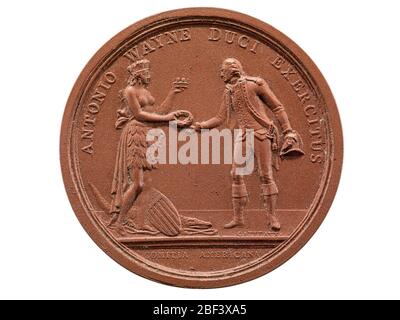 Anthony Wayne at Stony Point France 1779 Original die Cast. Eine (1) Anthony Wayne bei Stony Point Medaille, (Comitia Americana)United States (France) 1779Verderbtes Bild: Amerika, vertreten als indische Frau, bietet Wayne einen Lorbeerkranz und eine Krone an, der den Kranz demütig empfängt, während er sich beugt, mit einem dreieckigen Hut; der amerikanische Shie Stockfoto