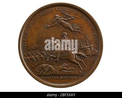William Washington bei der Münzstätte Cowpens France 18451860 Paris. Ein (1) William Washington bei der Cowpens-Medaille, (Comitia Americana)United States (France), 1845-1860Versehen Bild: Washington sitzt auf einem Pferd mit gezogenem Schwert und führt die 3. Continental Light Dragoner an, die im Hintergrund gegen die britische Kavallerie anfetzen. Stockfoto