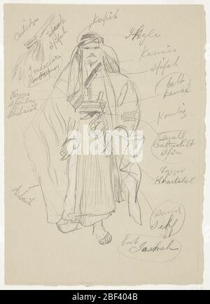 Arabischer Mann. Vertikales Rechteck. Ganzkörperfigur eines arabischen Mannes, mit Themen seines Kostüms, in Englisch und Arabisch, links und rechts eingeschrieben. Stockfoto