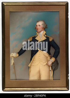 General George Washington. Diese Dreiviertelansicht von Washington ist dem Gemälde von John Trumbull, das 1791 von der Stadt Charleston, South Carolina, in Auftrag gegeben wurde, um Washingtons Besuch zu gedenken, in voller Größe angepasst. Stockfoto