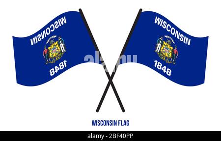 Zwei Gekreuzte Winkende Wisconsin-Flagge Auf Isoliertem Weißem Hintergrund. USA (USA) Flagge Vektor Illustration. Stockfoto