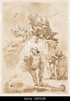 Querformat. Unvollendeter Vordergrund. Ein sitzender alter Mann und eine andere sitzende Figur werden gezeigt, wahrscheinlich, die entweder die Versuchung von St. Anthony oder Anthony Besuch St. Paul der Eremit. Bergiges bewaldetes Land mit einer stattlichen Villa in der rechten Mittelebene. Stockfoto