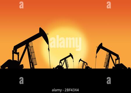 Reihen von Öl-Pumpjacks Silhouette gegen einen Sonnenuntergang Himmel mit Kopie Raum. Öl- und Gasenergie-Exploration. Stockfoto