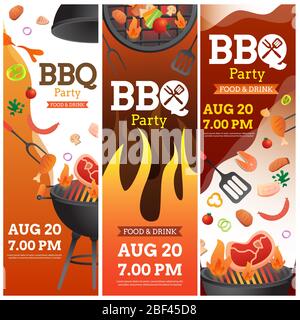 Set Banner der BBQ-Party Einladung, Karte oder Poster Vorlage mit Grill und Lebensmittel Flyer Vektor flache Stil Illustration. Stock Vektor