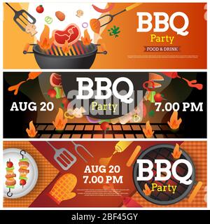 Set Banner der BBQ-Party Einladung, Karte oder Poster Vorlage mit Grill und Lebensmittel Flyer Vektor flache Stil Illustration. Stock Vektor