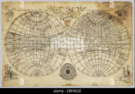 Map-Probennehmer. Weltkarte mit den beiden Hemisphären, betitelt 'westliche Hemisphäre oder die Neue Welt' und 'östliche Hemisphäre oder die Alte Welt'. Ein Kompass in der Mitte unten, ein Blumenspray in der Mitte oben und Figuren mit der Aufschrift "Europa", "Asien", "Amerika" und "Afrika" in jedem Stockfoto