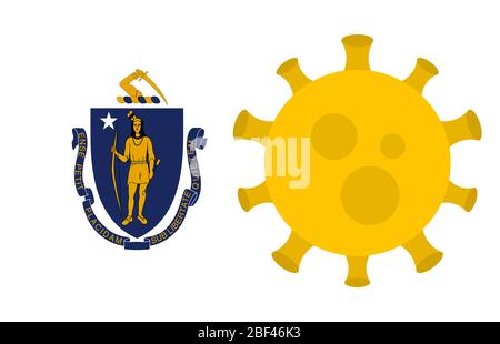 Flagge des Staates Massachusetts mit Ausbruch von Viren Hintergrund der Flagge des Staates USA. Neue Coronavirus-Krankheit COVID-19. Coronavirus-Infektion Und Das Epid Stockfoto