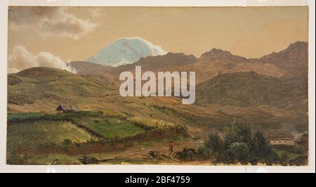 Mount Chimborazo Ecuador. Der schneebedeckte Gipfel ragt über Ranges im mittleren Heck. Im Vordergrund sind Baumspitzen und ein Haus skizziert. Unregelmäßiger unterer Rand mit cremiger Erdungsfarbe. Stockfoto