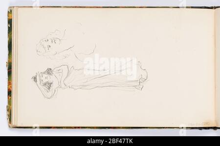 Skizzenbuch Seite Standing Figur und Büste. Links stehende weibliche Figur, frontal gesehen, mit einem drapierten Gewand über einer Schulter. Ihr linker Arm ist über ihrem Bauch, ihre rechte Hand über ihren Augen, als ob sie suchen würde. Rechts Skizze des Kopfes und der Schultern einer Frau, die nach rechts schaut. Stockfoto