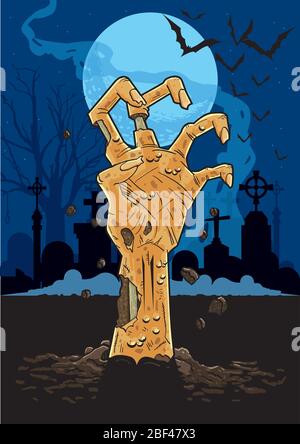 Illustration von Zombie Hand in einem Friedhof in der Nacht, die aus dem Boden vor Grabsteinen unter dem Mondlicht. Stock Vektor