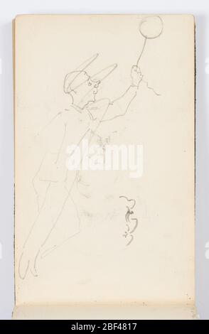 Skizzenbuch Seite Mann mit Ballon. Recto: Skizze des Menschen mit einem Ballon, abgesagt.Verso: Zwei Karikaturen des Gesichts eines Mannes mit einem gerollten Schnurrbart, frontal dargestellt, nach links schauend. Stockfoto