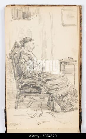 Skizzenbuch Seite. Skizze einer Frau im Profil, auf einem Stuhl sitzend. Sie hält etwas in ihren Händen, vielleicht nähen oder lesen. Stockfoto