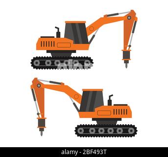 Bagger mit Hammer-Symbol in Vektor auf weißem Hintergrund dargestellt Stock Vektor