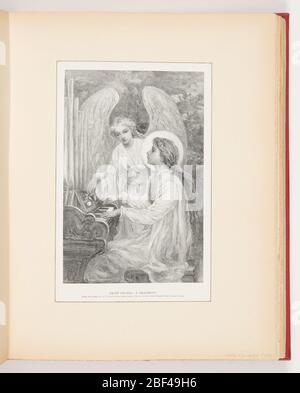 Saint CeciliaA Fragment. Zwei Zahlen. Frontfigur, Profil des Mädchens, das auf Bank sitzt, nach links gerichtet, mit langen Haaren, die Orgel spielen, mit Halo um den Kopf. Dahinter, Figur eines Winkels, mit langen weißen Flügeln, die Blume in der rechten Hand halten. Stockfoto