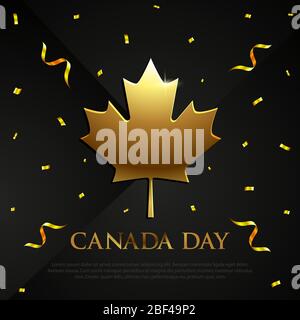 Quadratisches Banner mit Happy Canada Day, goldenem Ahornblatt und Konfetti auf schwarzem Hintergrund. Vorlage mit Platz für Text. Luxus-Stil Stock Vektor