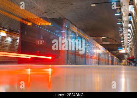 SANTIAGO, CHILE - JANUAR 2020: Ein Zug der Metro de Santiago am Bahnhof El Parrón der Linie 2 Stockfoto