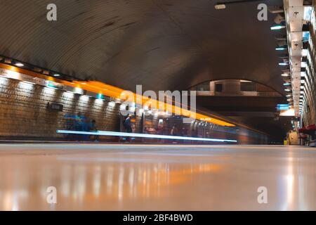 SANTIAGO, CHILE - JANUAR 2020: Ein Zug der Metro de Santiago am Bahnhof El Parrón der Linie 2 Stockfoto