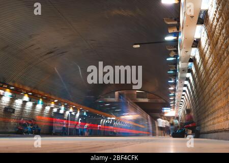 SANTIAGO, CHILE - JANUAR 2020: Ein Zug der Metro de Santiago am Bahnhof El Parrón der Linie 2 Stockfoto