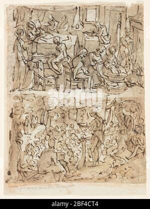 Vier Szenen aus dem Leben des hl. Johannes des Täufers Vorentwürfe für eine Druckserie recto und verso. Recto, oben: Geburt und Benennung von Johannes dem Täufer; Recto, unten: Johannes der Täufer predigt in der Wüste; Verso, oben: Taufe Christi; Verso, unten: Visitation; Stockfoto