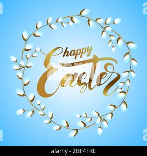 Ostern Schriftzug Grußkartenvorlage in Gold auf blauem Hintergrund. Osterkränze mit Weidenästen Stock Vektor