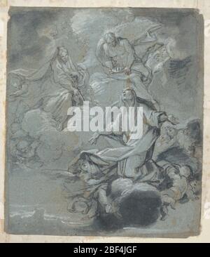 Apotheose einer weiblichen Heiligen. Unten rechts, eine weibliche Gestalt, die mit Drapierkunst bedeckt ist, ihre Arme ausgestreckt, Putti, die die Wolke unter ihr umgab. Oben senkt ein Engel eine Krone auf ihren Kopf. Weitere Engel am Himmel links. Verso: Eine Studie zu 'Rest on the Flight'. Stockfoto