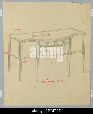 Design für Sideboard mit Serpentine Front und drei Schubladen. Längliches Sideboard mit 6 gerade verjüngenden Beinen; dreiteilige Serpentinfront hat 3 Schubladen in 2 Reihen in der Mitte angeordnet, flankiert von 2 Türen. Stockfoto