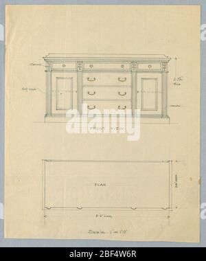 Höhenverstellung und Plan für Sideboard mit Reeded Pilasters. Höhe: Vorderseite des Sideboards mit dreiteiliger Front geteilt durch vier Pilasters mit Rückschnitt; zentrale Front hat vier horizontale Schubladen mit "C"-förmigen Griffen in gelbem Bleistift angegeben; Seitenbereiche haben jeweils einen geschlossenen Schrank mit einer Schublade belegt; niedrige Rückwand Stockfoto