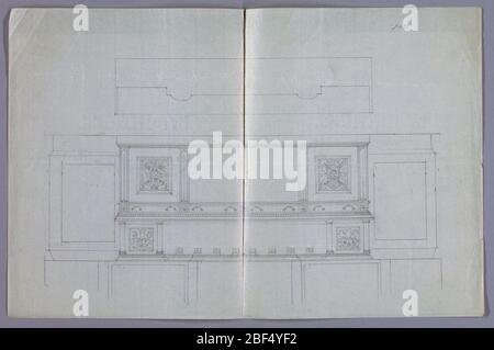 Design für RenaissanceStyle Sideboard in Plan und Elevation. Höhenansicht (mit Wandverkleidung im Hintergrund vorgeschlagen): Massive geschnitzte Renaissance-Stil Sideboard auf niedriger rechteckiger Plattform; Oberseite mit geformten Gesimsen, durch obere Regal mit Backsplash und 4 Säulen in der Mitte unterstützt überragt; Backsplash mit verziert Stockfoto