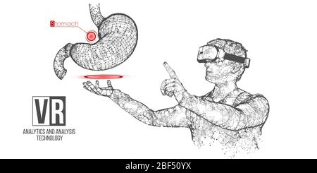 VR Wireframe Headset Vektor Banner. Polygonaler Mann trägt Virtual-Reality-Brille, mit holographischen Magen. Wissenschaftliche Diagnostik, virtuelle Analytik Stock Vektor