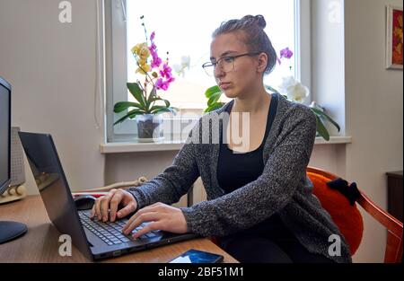 Frau, die zu Hause mit einem Laptop arbeitet. Blumen am Fenster. Stockfoto