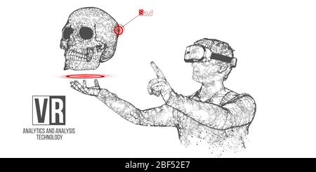 VR Wireframe Headset Vektor Banner. Polygonaler Mann trägt Virtual-Reality-Brille, mit Hologramm des Schädels. Wissenschaft, Diagnostik, virtuelle Analytik Stock Vektor