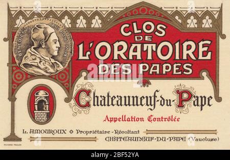 Ungenutzte Weinetikette von A Clos de l’Oratoire des Papes, Chateauneuf-du-Pape, Frankreich Stockfoto