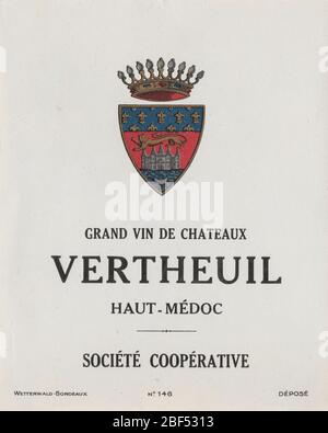 Ungenutzte Weinetikette von einem Grand Vin de Chateaux Vertheuil in der Region Haut-Médoc, Frankreich Stockfoto