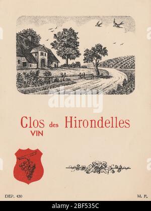 Ungenutzte Weinetikett von einem Clos des Hirondelles Wein mit einer Zeichnung von Weinberg Bauernhof in der französischen Landschaft Stockfoto