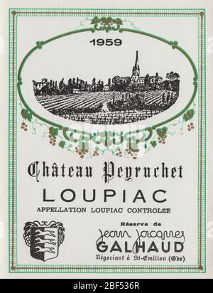 Ungenutzte Weinetikette von einem 1959 Loupiac Wein aus Château Pegrachet, von Jean Jacques Galhaud, Frankreich Stockfoto