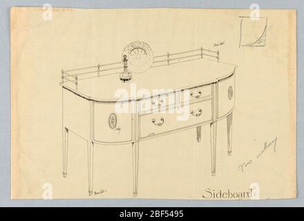 Design für Sideboard mit Messing Schiene und Messing Füße. Rechteckiges Sideboard mit abgerundeten Ecken und sechs geraden, konischen Beinen; flache Vorderseite hat drei Schubladen: Zwei kleinere nebeneinander über einem größeren; Seitenverkleidungen mit Patera-Medaillons verziert; Messingschiene hinten oben; Skizze von Weindekanter und Gericht A Stockfoto